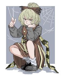  1girl absurdres arthropod_girl arthropod_limbs black_shoes blonde_hair border bow brown_bow brown_dress brown_eyes buttons closed_mouth commentary dress elbow_on_knee expressionless fe_(tetsu) full_body grey_background grey_shirt hair_between_eyes hair_bow hand_on_own_cheek hand_on_own_face hands_up head_rest highres kurodani_yamame long_sleeves looking_at_viewer loose_socks outside_border shirt shoes short_hair silk simple_background socks solo spider_girl spider_web squatting touhou white_border white_socks 