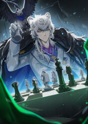  1boy absurdres animal_ears arknights arm_up bird black_coat blue_eyes chess_piece chessboard closed_mouth coat coat_on_shoulders commentary_request fur-trimmed_coat fur_trim gloves hair_between_eyes hair_ornament hair_over_shoulder highres holding holding_chess_piece jacket lapels light_frown long_hair long_sleeves looking_ahead male_focus medal messy_hair owl shimizu_kazunari sidelocks silverash_(arknights) upper_body white_gloves white_hair white_jacket 