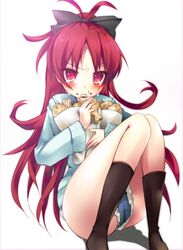  bare_legs blush boots denim denim_shorts fang food food_on_face frown long_hair mahou_shoujo_madoka_magica ponytail red_eyes red_hair redhead room603 sakura_kyouko shorts simple_background sitting solo taiyaki tears wagashi 