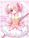  blush bow bow_(weapon) bubble_skirt choker dress gloves hair_bow highres himuro_feri kaname_madoka magical_girl mahou_shoujo_madoka_magica pink_eyes pink_hair puffy_sleeves short_twintails twintails weapon white_gloves wink 