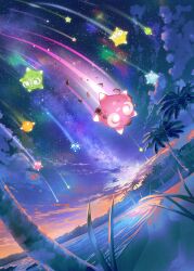  :o @_@ clouds debris falling full_body game_asset imoni_(gggzooo) minior minior_(blue_core) minior_(core) minior_(green_core) minior_(indigo_core) minior_(orange_core) minior_(red_core) minior_(violet_core) minior_(yellow_core) night no_humans official_art open_mouth outdoors palm_tree pokemon pokemon_(creature) pokemon_focus pokemon_tcg pokemon_tcg_pocket sky smile star_(sky) starry_sky third-party_source tree water 