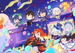  >_< 2boys 6+girls :> absurdres ahoge anastasya_feodorovna_snezhnaya androgynous antenna_hair aqua_gem arm_up arms_up asymmetrical_gloves baggy_shorts balloon bare_shoulders barefoot belt beret biker_clothes bikesuit black_bodysuit black_bridal_gauntlets black_eyes black_gloves black_hair black_pants black_shoes black_shrug black_thighhighs blonde_hair blue_bow blue_flower blue_gloves blue_hair blue_hat blue_jacket blue_robe blue_sash blue_sky blunt_bangs blush bodysuit boots bow bowtie braid breasts bridal_gauntlets brown_hair brown_jacket brown_sandals brown_vest cake cake_slice cape chibi chibi_only closed_eyes closed_mouth collared_shirt columbina_(genshin_impact) commentary confetti dango detached_sleeves dress driving earrings elbow_gloves english_commentary falling_star fan_hair_ornament feathered_wings fire floating_cape floating_hair flower flying food fruit full_body furina_(genshin_impact) gem genshin_impact gloves gold_ring gradient_hair green_cape green_hair green_hat green_shorts green_sleeves grey_hair grey_shirt hair_between_eyes hair_flower hair_ornament hair_ribbon hair_tubes hand_on_own_chin hat hat_bow hat_ornament head_wings headpiece highres holding holding_balloon holding_instrument holding_lyre holding_skewer huge_ahoge icing instrument jacket japanese_clothes jewelry kimono kokoshnik lapels leaf_hair_ornament long_hair long_sleeves looking_at_another looking_at_object looking_up low-braided_long_hair low-tied_long_hair low_ponytail lyre mavuika_(genshin_impact) medium_breasts mismatched_gloves mitsudomoe_(shape) motor_vehicle motorcycle multicolored_hair multiple_boys multiple_girls multiple_wings musical_note nahida_(genshin_impact) necktie night nya_deko on_motorcycle on_train open-toe_boots open_mouth outdoors pants pantyhose pink_ribbon playing_instrument pointy_ears pom_pom_(clothes) ponytail puffy_long_sleeves puffy_sleeves purple_belt purple_hair purple_kimono raiden_shogun red_hair red_sash ribbon robe royal_robe sandals sash shirt shoes short_hair short_hair_with_long_locks short_sleeves shorts shrug_(clothing) side_braid side_ponytail single_braid single_earring sitting skewer sky sleeveless sleeveless_dress smile star_balloon strapless strapless_dress strawberry tassel tassel_earrings tassel_hair_ornament thigh-highs tomoe_(symbol) top_hat train twin_braids two-tone_hair venti_(genshin_impact) very_long_hair vest vision_(genshin_impact) wagashi wavy_hair white_boots white_bow white_bowtie white_dress white_flower white_gloves white_hair white_necktie white_pantyhose white_shirt wide_sleeves window wings x_hair_ornament zhongli_(genshin_impact) 