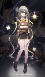  1girl absurdres bag black_boots black_gloves black_jacket black_skirt boots bread commentary_request crossed_arms dodder7777 english_text food full_body gloves grey_hair hair_between_eyes high_heel_boots high_heels highres holding holding_bag honkai:_star_rail honkai_(series) jacket long_hair looking_at_viewer paper_bag parted_lips shirt skirt solo star_(sky) starry_sky_background stelle_(honkai:_star_rail) thigh_strap trailblazer_(honkai:_star_rail) white_shirt yellow_eyes 