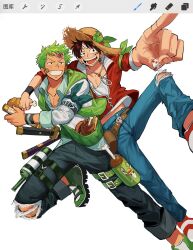  2boys alternate_costume art_program_in_frame bandaid bandaid_on_cheek bandaid_on_face bandaid_on_forehead belt black_hair black_pants blue_pants boned_meat chinese_commentary commentary_request denim feet_out_of_frame food green_hair grin haramaki hat highres holding holding_food holster jacket jeans katana ki2ri5 male_focus meat monkey_d._luffy multiple_boys one_piece open_mouth pants pointing red_jacket roronoa_zoro scar scar_on_cheek scar_on_face sheath sheathed shirt short_hair smile straw_hat sword thigh_holster torn_clothes torn_pants weapon white_background white_shirt 