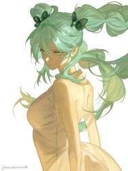  1girl aqua_eyes aqua_hair backless_dress backless_outfit closed_mouth commentary dress eyelashes floating_hair hair_behind_ear hatsune_miku highres marbunniie profile solo twintails twitter_username vocaloid white_dress 