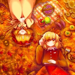  2girls absurdres acorn aki_minoriko aki_shizuha apple black_ribbon blonde_hair blurry closed_mouth commentary depth_of_field facing_viewer food fruit fruit_hat_ornament ginkgo_leaf grape_hat_ornament grapes green_apple hair_ornament hat highres holding holding_leaf holding_wheat leaf leaf_hair_ornament long_sleeves looking_at_viewer lying maple_leaf medium_hair mob_cap multiple_girls neck_ribbon on_back orange_hat paint_palette paintbrush persimmon red_shirt red_skirt ribbon shirt siblings sisters skirt smile sweet_potato touhou upside-down user_ghaf3443 wheat wide_sleeves yellow_eyes yellow_shirt 