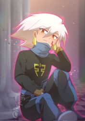 1boy black_pants black_shirt closed_mouth commentary corrupted_twitter_file earrings english_commentary facial_mark grey_hair hair_between_eyes hand_on_own_hip highres jewelry light_frown long_sleeves looking_at_viewer male_focus medium_hair mega_man_(series) mega_man_star_force_(series) pants pupuypuyu red_eyes shirt sitting solo solo_(mega_man) tile_floor tiles twitter_username 
