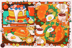  1007 angel avocado_slice berry blueberry border bread bread_slice breakfast butter cherry_tomato chibi coffee colorful cream cutlery daisy_(flower) english_text floral_border floral_print flower food food_art food_focus fried_egg fruit highres inset_border ivy leaf lettuce maple_syrup milk napkin no_humans orange_(fruit) orange_slice original pancake pancake_stack porridge pouring red_border salad seal_(animal) signature simple_flower solid_circle_eyes spinach steam steaming_cup strawberry sunflower syrup table tako-san_wiener toast tomato 