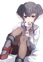  1girl absurdres black_hair black_pantyhose blue_sailor_collar commentary_request grey_hair grey_shoes high_heels highres kanae_(inorin05kanae) kantai_collection multicolored_shoes no_pants pantyhose red_shoes sailor_collar school_uniform serafuku shoes sitting solo thick_eyebrows tokitsukaze_(kancolle) two-tone_shoes violet_eyes white_hair white_serafuku 