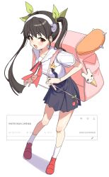  1girl absurdres backpack bag bandaid bandaid_on_knee bandaid_on_leg black_hair black_skirt blush cherry_print commentary_request fang food_print fruit_print full_body green_ribbon hachikuji_mayoi hair_ribbon hairband highres holding_strap korean_commentary kyamimasita long_hair looking_at_viewer monogatari_(series) open_mouth red_eyes red_shoes ribbon shirt shoes short_sleeves simple_background skin_fang skirt smile socks solo star_(symbol) suspender_skirt suspenders twintails white_background white_hairband white_shirt white_socks 