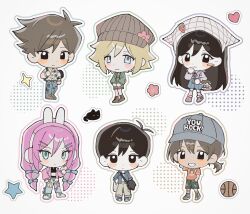  2girls 4boys animal_ear_headphones animal_ears antenna_hair ashspysea aubrey_(birthday)_(omori) aubrey_(faraway)_(omori) aubrey_(omori) bag ball baseball_cap basil_(birthday)_(omori) basil_(faraway)_(omori) basil_(omori) basketball_(object) black_bag black_eyes black_hair blonde_hair blue_eyes blue_pants blush blush_stickers boots braid brother_and_sister brothers brown_boots brown_hair brown_hat brown_overalls brown_pants camouflage camouflage_shorts cardigan cat character_bag character_doll chibi chibi_only closed_mouth commentary dark-skinned_male dark_skin doll double-parted_bangs fake_animal_ears green_cardigan grey_hat hair_between_eyes hair_ornament hairclip hat headphones hero_(birthday)_(omori) hero_(faraway)_(omori) hero_(omori) highres hood hood_down hoodie kel_(birthday)_(omori) kel_(faraway)_(omori) kel_(omori) long_hair long_sleeves looking_at_viewer low_twin_braids mari_(birthday)_(omori) mari_(faraway)_(omori) mari_(omori) mewo multiple_boys multiple_girls newsboy_cap official_alternate_costume official_alternate_hairstyle omori open_cardigan open_clothes open_mouth orange_hoodie overall_shorts overalls pants parallel_hairclips pink_cardigan pink_hair rabbit_ear_headphones rabbit_ears short_hair shorts siblings sidelocks single_blush_sticker smile something_(omori) stuffed_toy sunny_(birthday)_(omori) sunny_(omori) twin_braids untranslatable_commentary white_cardigan 