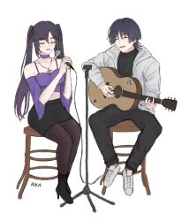  1boy 1girl aikanna04 alternate_costume artist_name asymmetrical_bangs bare_shoulders black_boots black_pants black_pantyhose black_shirt black_skirt blunt_bangs blunt_ends blush boots cable camisole casual choker closed_eyes collarbone colored_tips contemporary cropped_shirt cross cross_earrings curled_fingers detached_sleeves duet earrings eyelashes facing_another full_body genshin_impact gold_ring guitar hair_between_eyes hair_tie high_heel_boots high_heels highres holding holding_guitar holding_instrument holding_microphone instrument jacket jewelry long_hair long_sleeves microphone microphone_stand middle_ring midriff mitsudomoe_(shape) mona_(genshin_impact) multicolored_hair open_clothes open_jacket open_mouth pants pantyhose pencil_skirt playing_guitar playing_instrument plectrum purple_camisole purple_choker purple_hair purple_sleeves scaramouche_(genshin_impact) shirt shoes sidelocks sitting skirt sneakers spaghetti_strap stool swept_bangs teeth tomoe_(symbol) turtleneck turtleneck_shirt twintails undershirt upper_teeth_only white_background white_jacket white_shoes white_sleeves wispy_bangs wolf_cut wooden_stool 