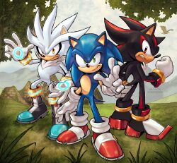  3boys absurdres animal_ears black_fur black_shoes blue_fur brown_eyes commentary day english_commentary furry furry_male gloves grass green_eyes hedgehog_boy highres lemon_eyebrows multicolored_shoes multiple_boys outdoors red_eyes red_fur red_shoes shadow_the_hedgehog shoes silver_the_hedgehog sonic_(series) sonic_the_hedgehog tail two-tone_fur two-tone_shoes white_fur white_gloves white_shoes 