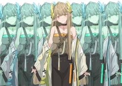  1girl arknights bare_shoulders black_choker black_skirt blonde_hair breasts brown_shirt chest_harness choker clothes_down coat collarbone flowing_shape_(arknights) hair_ornament harness highres id_card ken_(shutenndouji1) lab_coat laurel_crown laurels long_hair long_skirt looking_at_viewer medium_breasts mole mole_under_eye muelsyse_(arknights) open_clothes open_coat pendant_choker pointy_ears shirt shirt_tucked_in skirt sleeves_past_wrists smile white_coat wispy_bangs yellow_eyes 