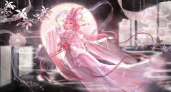  1girl 24-hour_relay absurdres alternate_color bamboo bamboo_screen bow bow-shaped_hair brown_eyes chinese_clothes chinese_commentary chinese_hairpin closed_mouth commentary_request dangle_earrings earrings eyelashes floating flower flower_earrings full_body full_moon hagoromo hair_ornament hair_rings hair_stick hand_up hanfu haoyuzhishijie31369 happy highres jewelry layered_sleeves lipstick long_hair long_sleeves makeup miracle_nikki moon moonlit_fragrance_(miracle_nikki) necklace nikki_(nikki) nikki_(series) petals pink_flower pink_hair pink_hanfu pink_lips red_bow shawl short_over_long_sleeves short_sleeves sleeves_past_wrists smile solo very_long_hair waist_bow wide_sleeves 
