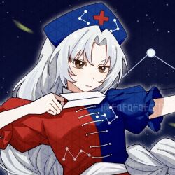  1girl arrow_(projectile) blue_dress blue_hat braid brown_eyes chinese_commentary closed_mouth commentary_request constellation_print cross cross_print dress fafa grey_hair hat holding holding_arrow long_hair nurse_cap print_dress print_hat red_cross red_dress single_braid solo touhou two-tone_dress upper_body yagokoro_eirin 