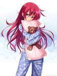  dakimakura_(object) highres long_hair original pajamas pedobear pillow pillow_hug pink_eyes red_hair redhead solo watermark web_address 