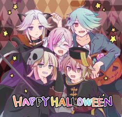  5boys 6+boys ^_^ albert_(puyopuyo) animal_collar animal_ears aqua_hair aqua_jacket argyle_background ateliermineru bandage_over_one_eye bandages bell black_cloak black_collar black_hat black_shirt blonde_hair blood blood_from_mouth blood_on_bandages blue_eyes brown_eyes brown_hair candy cat_ears cat_tail chinese_clothes cloak closed_eyes closed_mouth collar commentary cosplay curtained_hair death_(entity) english_commentary fake_animal_ears fake_tail fang food frankenstein's_monster_costume green_eyes grim_reaper grim_reaper_(cosplay) grin hair_over_one_eye halloween halloween_bucket halloween_costume hand_on_own_ear happy_halloween hat highres holding holding_scythe hood hood_up hooded_cloak jacket jiangshi_costume jingle_bell lollipop long_hair long_sleeves looking_at_viewer male_focus mask mask_on_head matthew_(puyopuyo) miriam_(puyopuyo) multiple_boys mummy_costume neck_bell object_through_head ofuda one_eye_covered open_mouth puyopuyo puyopuyo_quest qingdai_guanmao red_eyes red_sash richard_(puyopuyo) sash scar scar_on_cheek scar_on_face screw_in_head scythe shirt short_hair skin_fang skull_mask sleeves_past_fingers sleeves_past_wrists smile star_(symbol) sullivan_(puyopuyo) swirl_lollipop tail white_hair 