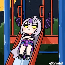  1girl :| artist_name black_horns black_shirt blue_skirt blush_stickers chibi closed_mouth clothes_around_waist crossed_arms demon_girl demon_horns empty_eyes full_body grey_hair highres hololive honmirin horns huge_horns jitome la+_darknesss long_hair lying moon multicolored_hair night on_back outdoors plaid_clothes plaid_shirt playground purple_horns purple_shirt purple_streaks shirt shirt_around_waist skirt sky slide solo star_(sky) starry_sky streaked_hair striped_horns stuck twitter_username very_long_hair virtual_youtuber yellow_eyes 