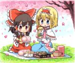  2girls :3 alice_margatroid ascot black_hair blonde_hair blue_eyes blush_stickers bow brown_eyes brown_hair cake capelet cherry_blossoms detached_sleeves doll earth food hair_bow hair_tubes hairband hakurei_reimu kneeling multiple_girls outdoors petals picnic rakuta_(pisuke) shanghai_doll short_hair sitting teapot touhou tree 