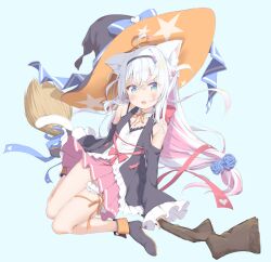  1girl ahoge animal_ears bare_shoulders black_hairband black_shoes blue_background blue_bow blue_eyes blue_ribbon bow breasts broom cat_ears cat_tail choker commentary_request flower_ornament frilled_sleeves frills gradient_eyes hairband halloween hat heart heart_ahoge heart_in_eye heart_print high_heels indie_virtual_youtuber kazari_lua light_blush long_hair looking_at_viewer low-tied_long_hair multicolored_eyes multicolored_hair open_mouth orange_ribbon pink_hair pink_skirt pirason red_bow red_ribbon ribbon ribbon_choker ribbon_thigh_strap shoes sitting skirt small_breasts solo star_(symbol) symbol_in_eye tail thigh_strap two-tone_hair very_long_hair virtual_youtuber wariza white_hair white_tail witch witch_hat yellow_eyes 