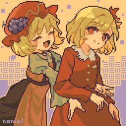  2girls :d aki_minoriko aki_shizuha apron artist_name autumn_leaves blonde_hair blush brown_skirt buttons closed_eyes closed_mouth commentary_request food food-themed_hair_ornament fruit fruit_hat_ornament futsu_nomal grape_hair_ornament grape_hat_ornament grapes green_shirt hair_ornament hat head_tilt highres hug hug_from_behind leaf leaf_hair_ornament leaf_on_head leaning_forward long_sleeves maple_leaf mob_cap multiple_girls open_mouth orange_apron pixel_art purple_background red_eyes red_hat red_shirt red_skirt shirt short_hair siblings sisters skirt skirt_set smile touhou two-tone_background wide_sleeves yellow_background 