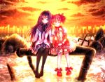  2girls akemi_homura artist_request black_hair cityscape closed_eyes hair_bow hairband holding_hands kaname_madoka long_hair magical_girl mahou_shoujo_madoka_magica pink_hair sitting smile source_request twintails violet_eyes 