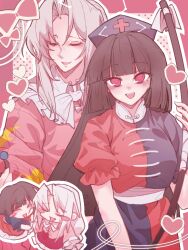  2girls :d absurdres black_hair black_sheep_(artist) blue_dress blunt_bangs blush bow bow_(weapon) bowtie braid chibi closed_eyes commentary_request cosplay costume_switch dress grey_hair hat heart highres hime_cut holding holding_bow_(weapon) holding_weapon houraisan_kaguya houraisan_kaguya_(cosplay) long_hair long_sleeves looking_at_viewer multiple_girls nurse_cap open_mouth parted_bangs parted_lips pink_shirt red_dress red_eyes shirt short_sleeves smile teeth touhou two-tone_dress upper_teeth_only very_long_hair weapon white_bow white_bowtie yagokoro_eirin yagokoro_eirin_(cosplay) 