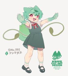  1girl absurdres animal_ears aqua_hair artist_logo blush bow bulbasaur child clawed_hands colored_skin commentary_request dress fangs green_dress green_skin highres humanization knifecat logo mary_janes monster_girl multicolored_skin open_mouth outstretched_arms plant_girl pokemon red_bow red_eyes shirt shoes short_hair simple_background smile socks two-tone_skin vine_tentacle white_background white_shirt white_socks 