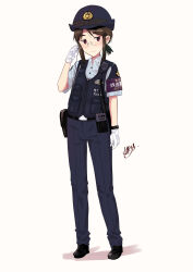  1021g 1girl absurdres black_hair blush commentary_request full_body glasses gloves hat highres looking_at_viewer medium_hair original pants police police_uniform policewoman radio shoes simple_background solo vest white_background white_gloves 