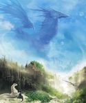  clouds creature dragon fangs grass highres monster moon nature nejita no_humans pixiv_fantasia pixiv_fantasia_5 planet sky teeth valley water waterfall wings 