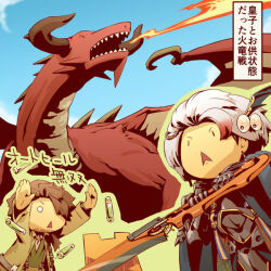 armor baldur_(sekaiju) beard_stubble black_armor blue_cape breath_weapon breathing_fire brown_hair cape coat commentary_request dragon drive_blade_(sekaiju) facial_hair fire gauntlets grey_hair hair_ornament hair_over_one_eye holding holding_sword holding_weapon idainaru_sekiryuu_(sekaiju) kamosiro350 low_ponytail medic_(sekaiju_4) medic_1_(sekaiju_4) monster official_alternate_color one_eye_covered open_clothes open_coat open_mouth outdoors ponytail sekaiju_no_meikyuu sekaiju_no_meikyuu_4 stubble sword test_tube translation_request v-shaped_eyebrows weapon yellow_coat 