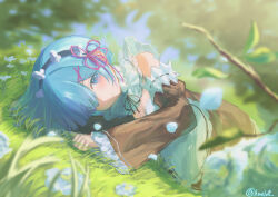  1girl absurdres am3lo apron black_ribbon blue_eyes blue_hair blush breasts commentary_request detached_sleeves frilled_sleeves frills grass hair_ornament hair_over_one_eye hair_ribbon hand_on_ground head_wreath highres leaf looking_at_viewer lying maid maid_headdress meadow medium_breasts on_ground pink_ribbon re:zero_kara_hajimeru_isekai_seikatsu rem_(re:zero) ribbon ribbon_trim roswaal_mansion_maid_uniform short_hair solo underbust waist_apron x_hair_ornament 