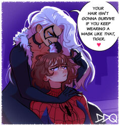  2girls black_bodysuit black_cat_(marvel) black_choker blue_eyes bodysuit breasts brown_hair choker commentary demidevilqueen english_commentary english_text felicia_hardy genderswap genderswap_(mtf) holding_another's_hair long_hair marvel medium_breasts multiple_girls peter_parker petra_parker_(otrebot) pout red_bodysuit short_hair smile speech_bubble spider-man spider-man_(original_suit) spider-man_(series) white_hair yuri 