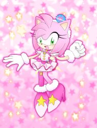  1girl :d amy_rose animal_ears animal_nose asymmetrical_legwear back_bow blush boots bow brooch choker circle_skirt clenched_hand color_connection commentary cosplay cure_star cure_star_(cosplay) dress fur_cuffs fur_trim furry furry_female gloves green_eyes hair_ornament hairband hands_up hedgehog_girl high_heel_boots high_heels highres jewelry looking_at_viewer magical_girl medium_dress meru_(mer_milky77) open_mouth pact_holder petticoat pink_background pink_boots pink_choker pink_dress pink_fur pink_theme pink_thighhighs planet_hair_ornament pouch precure single_thighhigh sleeveless sleeveless_dress smile solo sonic_(series) star_(symbol) star_brooch star_choker star_symbol_background star_twinkle_precure thigh-highs uneven_legwear white_gloves wrist_cuffs 