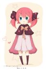  black_legwear blue_eyes bow capelet charlotte_(madoka_magica) hair_bow heart highres magical_girl mahou_shoujo_madoka_magica personification pink_hair radla short_twintails sleeves_past_wrists star star-shaped_pupils symbol-shaped_pupils thigh-highs thighhighs twintails 