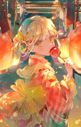  1girl absurdres artist_name back_bow blonde_hair blush bow candy_apple commentary_request commission covering_own_mouth fingernails food from_behind gingham_clothes gingham_kimono hair_bun hair_ornament hair_ribbon hand_up hanging_lantern heart heart_hair_ornament highres holding holding_candy_apple holding_food japanese_clothes jewelry kimono lantern large_bow light_particles long_sleeves looking_at_viewer looking_back making-of_available nail_polish nazuna_(nazuna_su) original outdoors paper_lantern raised_eyebrows red_kimono red_nails ribbon ring single_hair_bun solo standing summer_festival turning_head twitter_username upper_body watermark yellow_bow yellow_eyes yellow_ribbon 