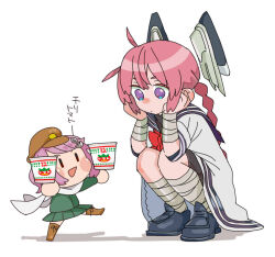  2girls bandaged_arm bandaged_leg bandages bike_shorts blue_sailor_collar bow bowtie braid commentary_request dress fairy_(kancolle) floating_headgear headgear hime_kake instant_cup_noodles instant_noodles kantai_collection long_hair multiple_girls nenohi_(kancolle) pilot pink_hair red_bow red_bowtie sailor_collar sailor_dress simple_background single_braid squatting violet_eyes white_background 