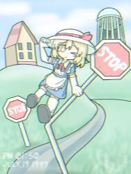  1girl apron bent blonde_hair blue_dress blush_stickers bow brown_shoes clouds cloudy_sky commentary_request dress elbow_gloves film_grain floating frilled_apron frills full_body gloves hand_on_own_hat hat hat_bow hat_ribbon highres hill holding holding_road_sign holding_sign house kana_anaberal medium_hair nativefaith9696 one_eye_closed red_ribbon ribbon road road_sign shoes short_sleeves sign sky smile socks solo stop_sign sun_hat timestamp touhou touhou_(pc-98) waist_apron water_tower white_apron white_gloves white_hat white_socks 