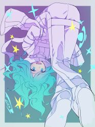  1boy aqua_eyes aqua_hair ateliermineru border bound bound_ankles bound_arms bound_legs commentary_request drooling ecolo_(puyopuyo) full_body grey_border highres long_hair long_sleeves looking_down male_focus mouth_drool open_mouth outside_border puyopuyo restrained sleeves_past_fingers sleeves_past_wrists smile solo sparkle star_(symbol) straitjacket unusual_ecolo 