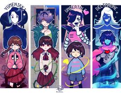  =_= androgynous android armor artist_name black_eyeshadow blue_hair blue_skin blue_sweater bow braid brown_hair cape character_counter_request character_request closed_eyes closed_mouth collared_shirt colored_skin copyright_name crossover deltarune eyeshadow flower frisk_(undertale) genre_connection hair_over_one_eye heart highres holding holding_stick ib_(kouri) kana_(kanaice) kitchen_knife knife kris_(dark_world)_(deltarune) kris_(deltarune) long_hair long_sleeves madotsuki makeup mechanical_arms mettaton mettaton_ex multiple_boys multiple_crossover multiple_girls multiple_others one_eye_covered open_mouth pink_cape pink_sweater pixel_text pleated_skirt purple_skirt red_eyes red_skirt red_soul_(utdr) robot robot_boy rose rouxls_kaard shirt short_hair shorts signature skirt smile soul_(character)_(deltarune) soul_(utdr) stick striped_clothes striped_sweater sweater teeth twin_braids two-tone_sweater undertale utdr_(toby_fox) white_hair yellow_soul_(utdr) yume_nikki 