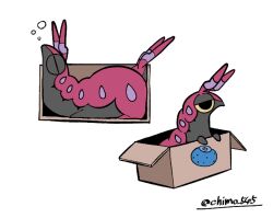  berry_(pokemon) box cardboard_box chimo_545 commentary_request food_print fruit_print in_box in_container no_humans oran_berry pokemon pokemon_(creature) scolipede simple_background sleeping twitter_username white_background 
