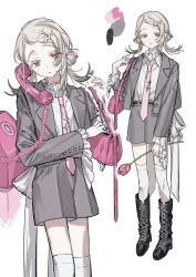  1girl alternate_costume alternate_hairstyle antique_phone bag belt belt_bag black_belt black_boots blonde_hair boots commentary cowboy_shot double_bun eyes_visible_through_hair flipped_hair flower four-pointed_star frilled_shirt_collar frilled_sleeves frills full_body gakuen_idolmaster gradient_hair grey_hair grey_jacket grey_shorts hair_bun hair_ornament hairclip half-bun half_up_bun hand_up highres hisato_00 holding holding_bag holding_flower idolmaster jacket lace-up_boots lapels leaning_to_the_side light_blush looking_at_viewer loose_necktie multicolored_hair multiple_views necktie notched_lapels orange_eyes parted_bangs parted_lips pearl_hair_ornament phone pink_bag pink_flower pink_necktie pink_tulip platform_boots raised_eyebrows ribbon rotary_phone shinosawa_hiro shirt shirt_tucked_in short_suit shorts sidelocks simple_background suit_jacket thick_eyelashes thigh-highs tulip white_background white_ribbon white_shirt white_thighhighs wide_sleeves wing_collar 