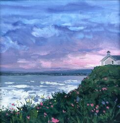  blue_flower clouds commentary english_commentary flower grass highres kate_avery no_humans ocean oil_painting_(medium) original outdoors overcast painting_(medium) pink_flower purple_skirt scenery skirt sky traditional_media yellow_flower 