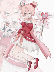  1girl ankle_socks aqua_hair bow breasts choker collarbone commentary_request detached_sleeves double_bun dress dress_bow full_body gloves hair_bow hair_bun hair_intakes hair_ornament hands_up heart heart_hair_ornament heart_wand highres holding holding_wand honkai:_star_rail honkai_(series) hyacine_(honkai:_star_rail) hyacine_(warm_cotton_skies)_(honkai:_star_rail) little_ica_(honkai:_star_rail) looking_at_viewer medium_breasts multicolored_hair nemuii15_oo one_eye_closed open_mouth pink_hair red_dress red_shoes shoes simple_background socks solo strapless strapless_dress streaked_hair wand white_background white_choker white_gloves white_socks zoom_layer 