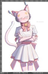  1other alternate_costume animal_ear_fluff animal_ears art_program_in_frame blush cat_boy cat_ears cat_tail collar colored_skin commentary cowboy_shot crossed_arms d_rainworid dress five_pebbles humanoid_robot iterator_(rain_world) kemonomimi_mode looking_at_viewer no_mouth other_focus puffy_short_sleeves puffy_sleeves rain_world robot robot_ears short_sleeves simple_background solid_eyes solo straight-on tail twitter_username untranslatable_commentary white_background white_dress white_eyes 