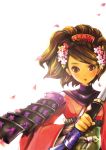  black_hair brown_eyes brown_hair fingerless_gloves flower gloves hair_comb hair_flower hair_ornament highres japanese_clothes katana lens_flare momohime oboro_muramasa oboro_muramasa_youtouden sode solo sword weapon 