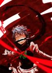  blood blood_on_clothes blood_splatter bloody_clothes grin highres izayoi_sakuya knife knife_in_teeth maid mouth_hold myama red_eyes red_scarf scarf smile solo the_embodiment_of_scarlet_devil throwing_knife touhou weapon 
