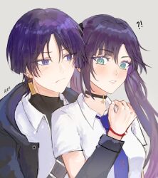  !? 1boy 1girl aikanna04 alternate_costume aqua_eyes artist_name asymmetrical_bangs behind_another belt bishounen black_choker black_jacket black_shirt black_sleeves blouse blue_necktie blunt_bangs blunt_ends blush breasts casual choker closed_mouth collared_shirt commentary_request contemporary couple earrings eyelashes eyeliner fingernails genshin_impact gold_earrings grey_background grey_belt hair_between_eyes heads_together hetero highres jacket jewelry layered_shirt light_blush long_hair long_sleeves makeup medium_breasts mona_(genshin_impact) necktie open_clothes open_jacket parted_lips pink_lips purple_hair red_eyeliner scaramouche_(genshin_impact) shirt short_sleeves sidelocks star_(symbol) star_choker swept_bangs tsurime turtleneck turtleneck_shirt twintails violet_eyes white_mouth white_shirt white_sleeves wide-eyed wispy_bangs wolf_cut 