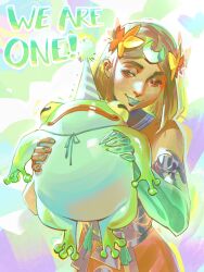  1girl absurdres alt_text animal anniversary asymmetrical_arms blonde_hair commentary english_commentary frinos_(hades) frog green_lips hades_(series) hades_2 hat heterochromia highres holding holding_animal holding_frog laurel_crown melinoe_(hades) mismatched_sclera official_art party_hat see-through_body skeletal_arm smile upper_body 